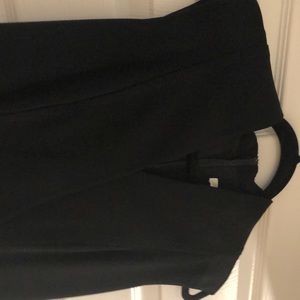 Boss dress, black, knee-length, v-neck, 1/2" patent leather belt